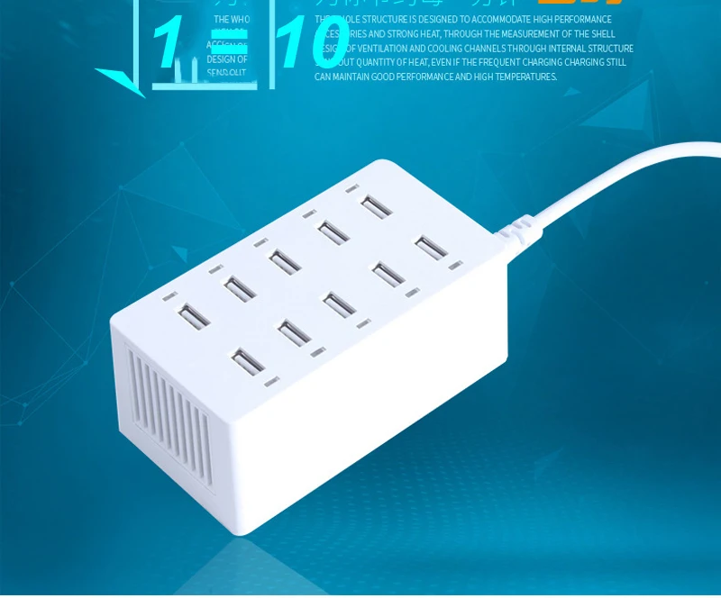 

10A Universal 10 Ports USB Smart Phone Desktop Charging Station Dock Charger 5V 2.4A for iPhone for Samsung for Xiaomi for iPad