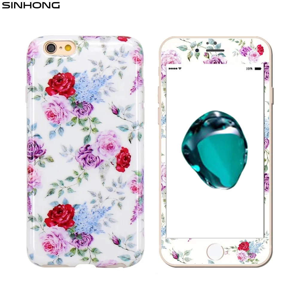 Flower Silicone TPU Case For iPhone 6 6s Plus Cover + 3D Carbon Fiber Tempered Glass Screen Protector Full Body Coverage Funda |
