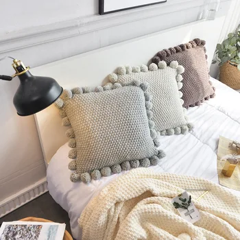 

Cozy Home Cotton Blending Sofa Couch Throw Cushion Cover Home Decoration Pillow Covers Knitted Cushion Cases With Pompoms
