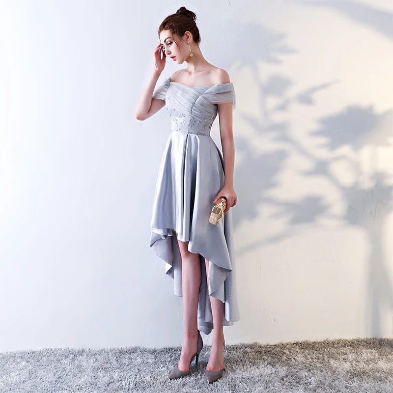 Beauty Emily Sexy Asymmetrical Grey Evening Dresses 2019 Off the Shoulder Evening Occasion Dresses For Prom Party Dresses