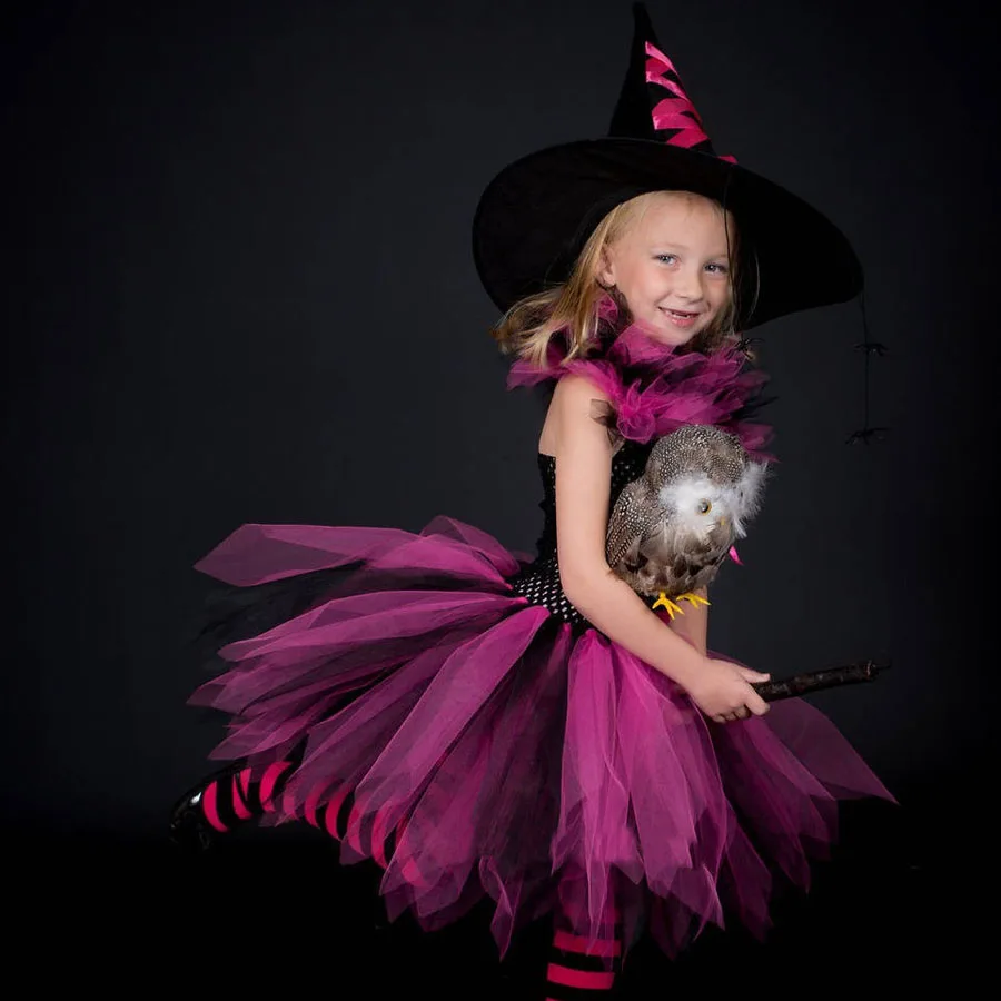 Halloween Girl Witch Hot Pink Black Cosplay Tutu Dress Knee Length Evening Party Dress Kids Holidays Tutus Purim Dress (7)