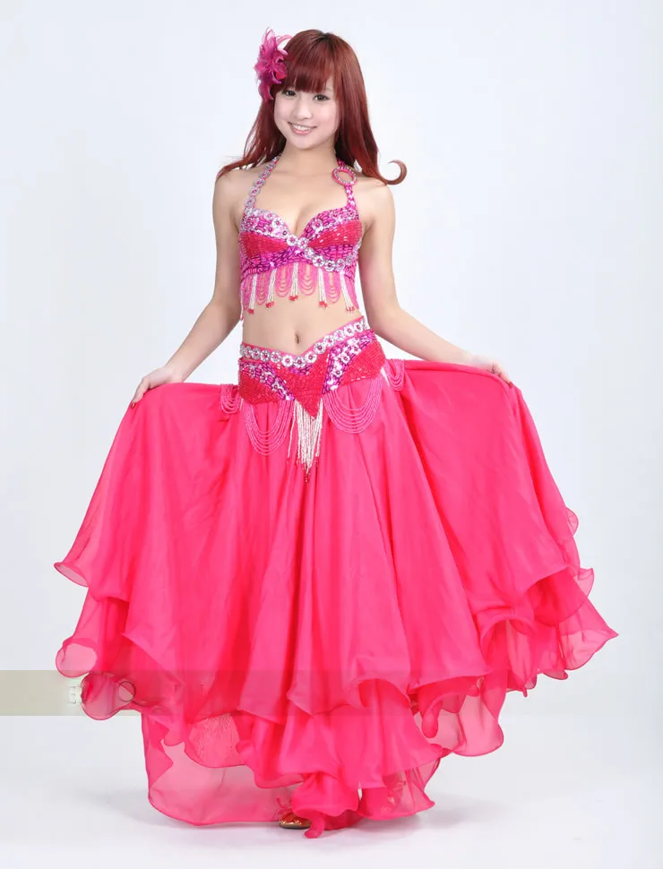 Женская танцевальная одежда 3 шт. танец живота костюм хип шарф топ бар 34B/C юбка 9 цветов костюмы Одежда для выступлений - Цвет: Pink