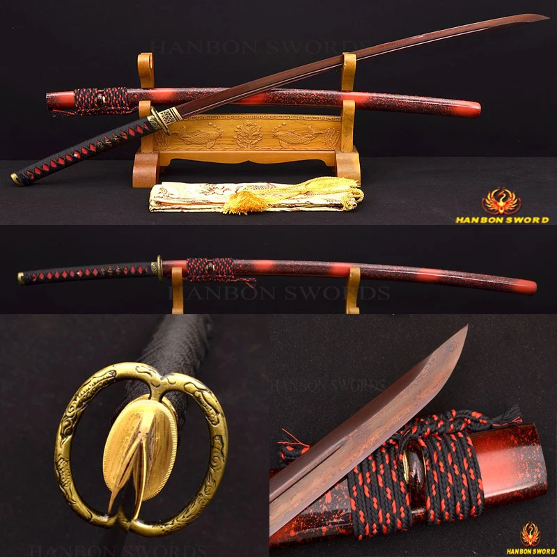

41" JAPANESE SAMURAI DRAGON SWORD KATANA FULL TANG DAMASCUS FOLDED Clay Tempered Black&Red Unokubi-Zukuri Blade BATTLE READY