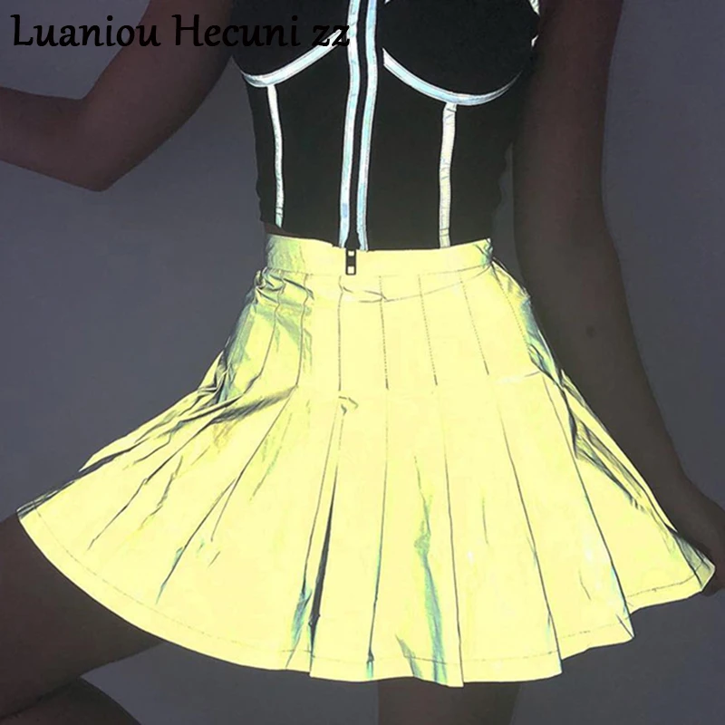 

Chu Ni Reflective pleated A line skirts women High waist zipper mini skirts Female Night glowing short skirt club fashion LX10