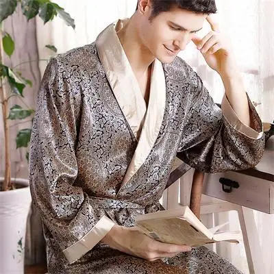 Богатый весенний и осенний мужской шелковый халат летний тонкий длинный рукав пижамы мужской размера плюс халат - Цвет: Local tyrants gold