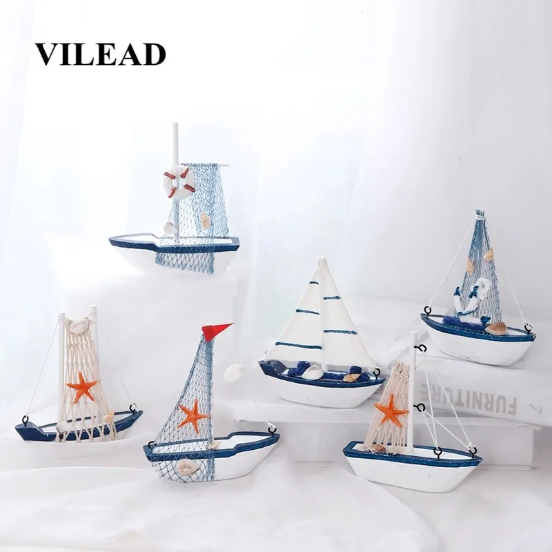 

VILEAD 12.5cm Wood Sailboat Figurines Mediterranean Style Craft Creative Shooting Sailing Model Crafts Small Ornament Decoration