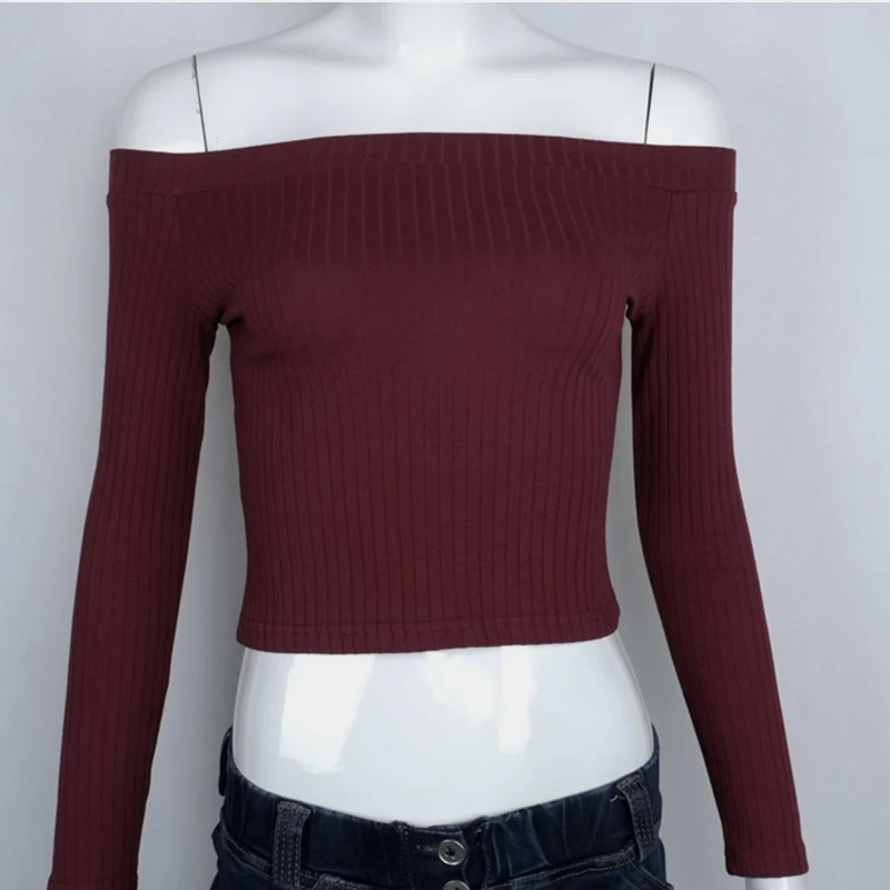 Женский вязаный свитер в рубчик с открытыми плечами, укороченный топ с длинным рукавом, пуловер, женские свитера, весна-осень, тонкий женский джемпер - Цвет: Бургундия