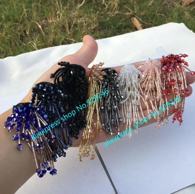 

1pcs/lot hand-sewed beaded crystal flower pink red blue gey black silver beads applique with tassel fringes DIY garment supplies