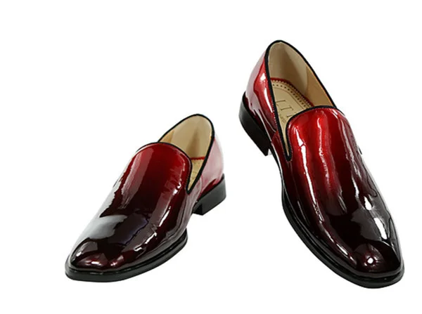 Qianruiti Brand Black Red Gradient Color Leather Dress Shoes Fashion Men Patent Leather Flats Slip On Loafers Large Size 47