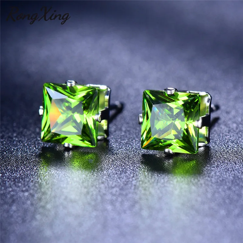 

RongXing Charming Multicolor Zircon Square Stud Earrings for Women 925 Silver Filled Birthstone Earring Female Fashion Jewelry