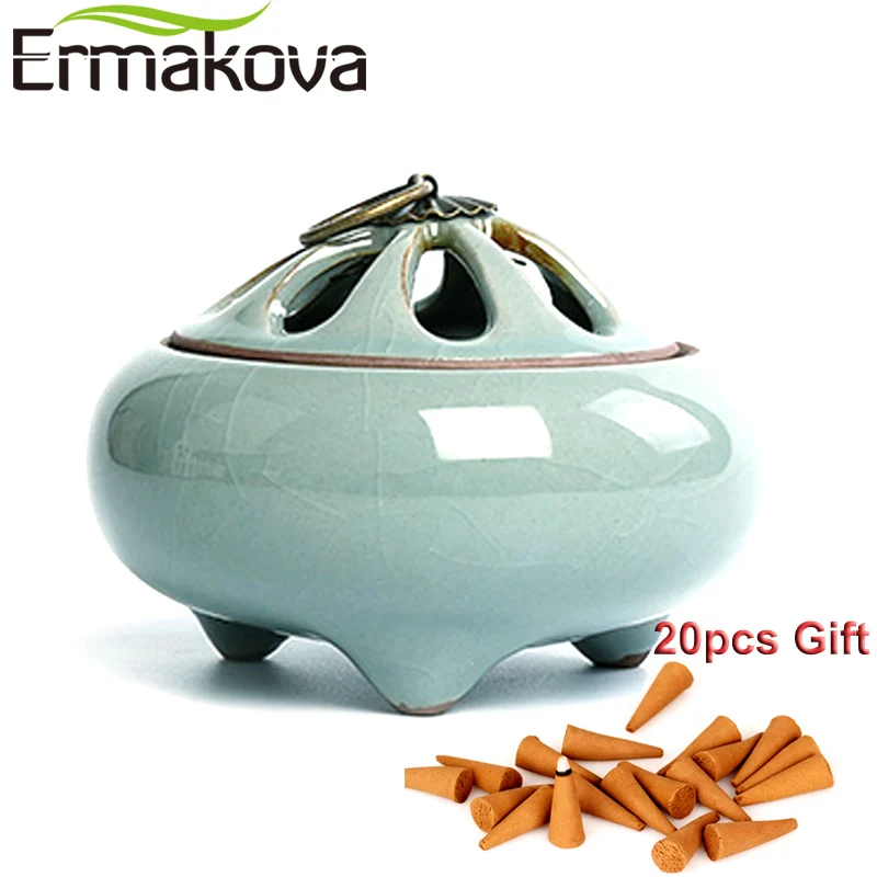 

ERMAKOVA Ceramic Coil Tower Incense Burners Porcelain Round Sandalwood Censer Bowl Temple Censer Figurine+20 pcs Incense Gift