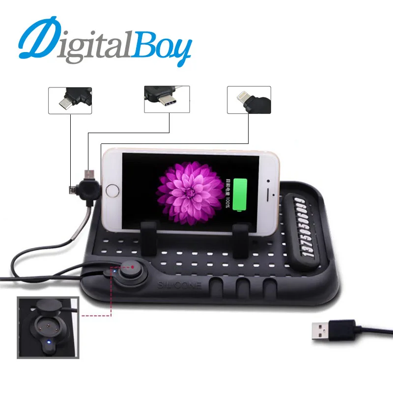 

New Car Phone Pad Mobile Mat Universal Holder for Phone in Car Adjustable Bracket Stand 3 Charging Port Mount for iPhone Type-C