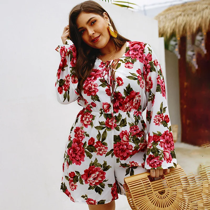 4XL Plus Size Bohemian Floral Print Women Playsuit Summer Beach Holiday Romper Lace Up Hollow Out Long Sleeve High Waist Overall 4XL Plus Size Bohemian Floral Print Women Playsuit Summer Beach Holiday Romper Lace Up Hollow Out Long Sleeve High Waist Overall