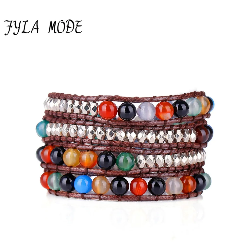 

Fyla Mode Trendy 4 Strands Mixed Colorful Agate Beads With Silver CCB Bead Wrap Bracelet Fashion Braided Wax Cord 4 Row Bracelet
