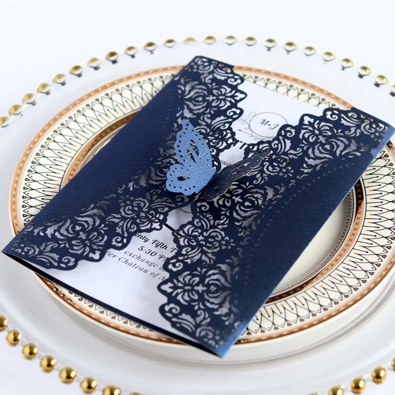  10pcs/set Glitter Laser Cut Lace Wedding Invitation Cards With Butterfly Bow For Wedding Bridal Sho - 33055955543