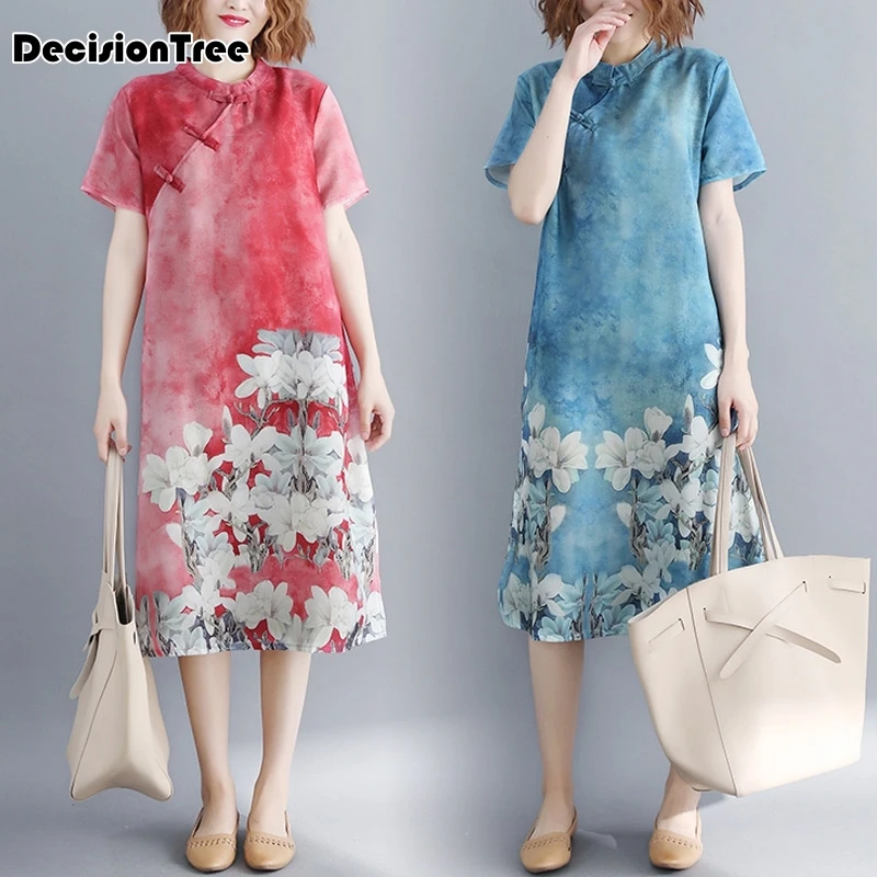 

2019 chinese traditional dress women cotton linen Cheongsam short sleeve blossom flower printing loose dress qipao