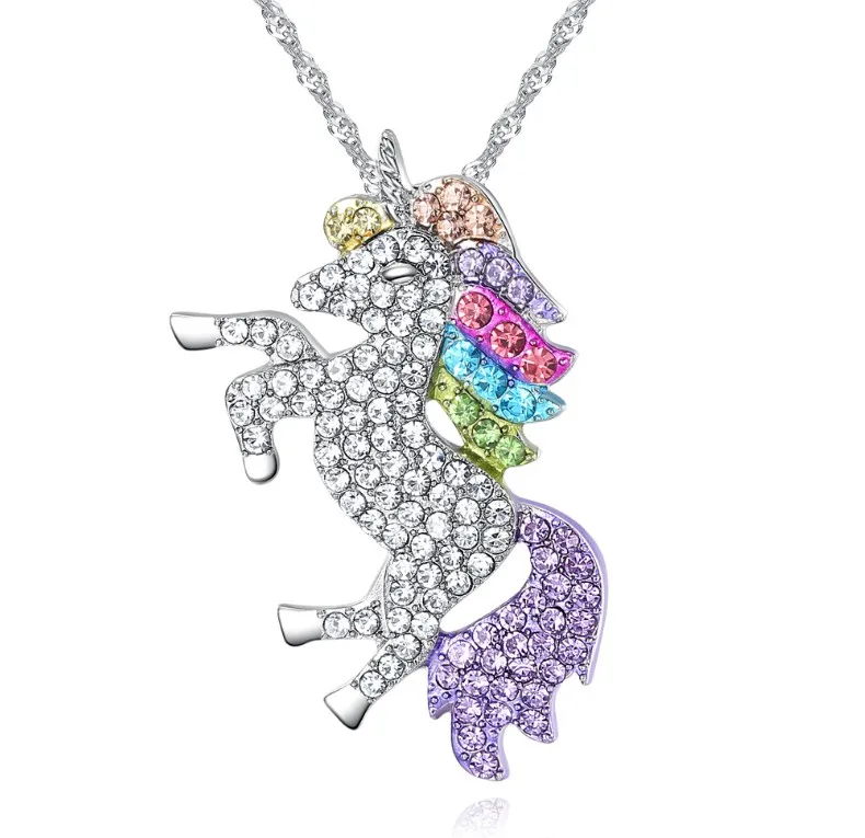 5 цветов, новинка, ожерелье с кристаллами из австрийского неба, лошадь, микро инкрустация, подвеска в виде единорога, подходит для женщин, хорошее ювелирное изделие, вечерние, милые подарки - Цвет камня: Rainbow color