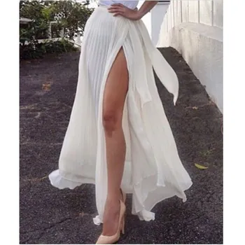 

Fashion 2018 Summer Women Bohemia Bow Tie Waist Long Maxi Chiffon Skirt Sexy Vintage Split Tulle Beach Pleated Skirts