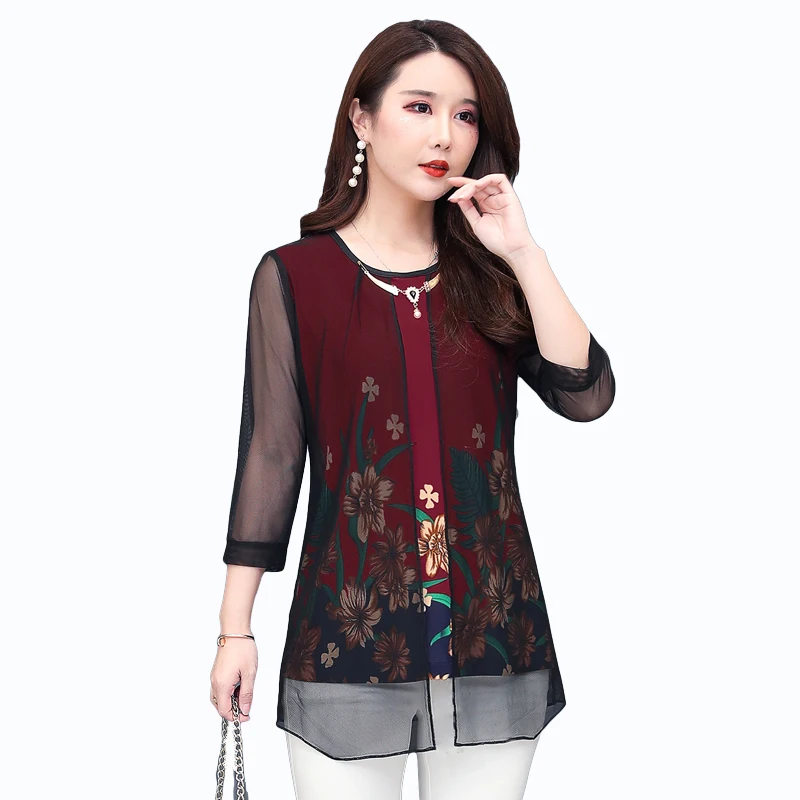 

2019 Spring Fall New Fashion Middle Age Mother Clothes Fake Two Pieces Women Tee Tops 5XL Plus Size Mesh T-shirt Flower Pullover