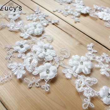 

DIY sewing lace appliques in light ivory color! 34x18CM 10 Pieces/lot 3d petals lace patches with Pearls, Rhinestones lovely