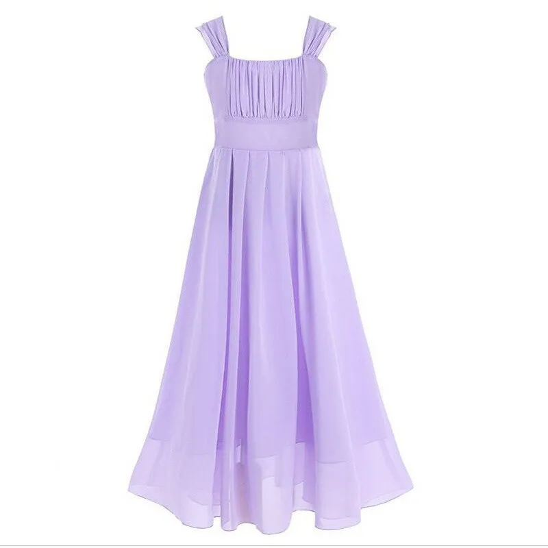 Летнее шифоновое платье с рюшами для девочек; модные костюмы без рукавов с открытыми плечами; Новинка; платье без рукавов; Vestidos Для От 6 до 12 лет; детская одежда