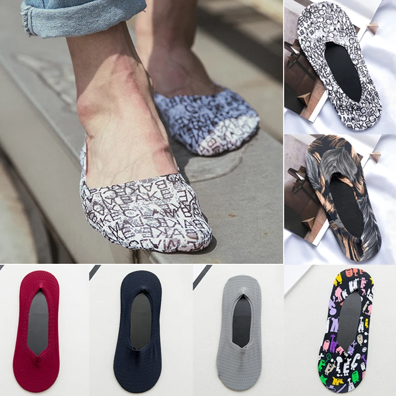 

Summer Men Low Cut Ice Silk Invisible Socks Breathable Thin Section Geometric Letters Print Non-Slip Silicone Socks