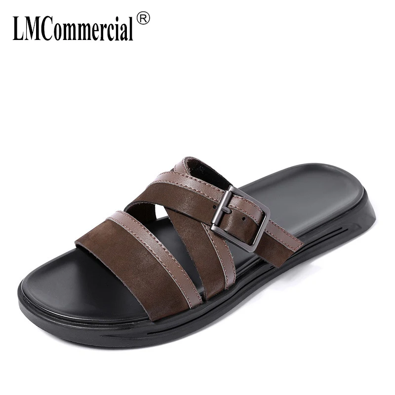 

mens slippers personality exposed toe word drag fashion casual beach shoes fender summer men genuine leather slippers cowhide