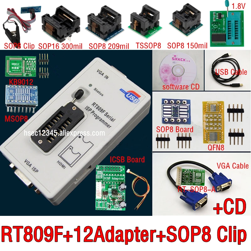 RT809F программатор+ 12 адаптеров+ sop8 IC клип+ CD+ 1,8 в/SOP8 адаптер VGA LCD ISP программатор адаптер универсальный программатор