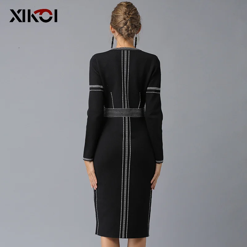 XIKOI Casual Women Knitting Dress Black MIDI O-Neck Fashion Hem Split Ladies Women's dresses Knee-Length 2018 XIKOI Casual Women Knitting Dress Black MIDI O-Neck Fashion Hem Split Ladies Women's dresses Knee-Length 2018