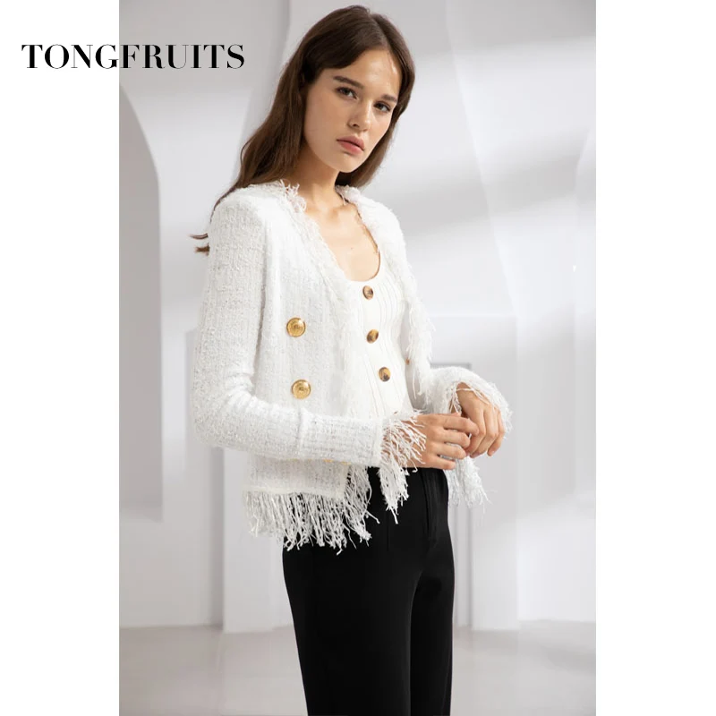 Fashion Long Sleeve Coats Gold Double Row Button Slim Casual Autumn Women Jacket Tassel Coat Female Outwear white High Quality