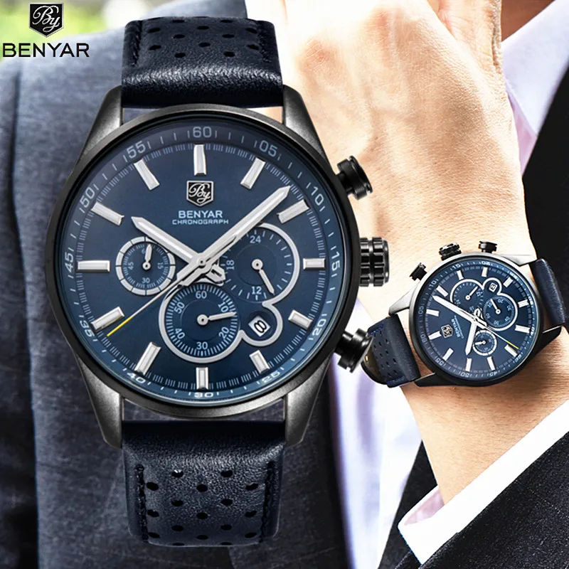  BENYAR Luxury Brand Military Watch Men Quartz Analog Clock Leather Strap Clock Mens Sports Watches 