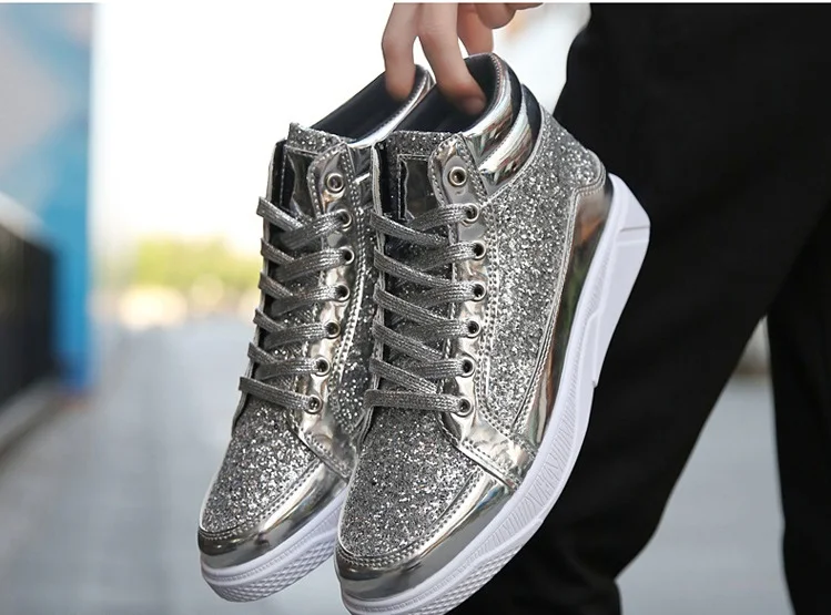 Brand Men Shoes 2018 Fashion Sequined Men Boots Bling Side Zipper High Top Shoes Man Casual Flat dancing street Hip hop Shoes (12)