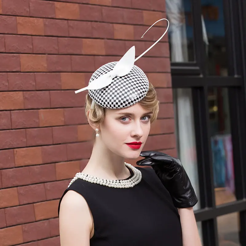 Lady Fedoras Hat Female Fashion Caterer Small Party Hat Women Elegant Linen Cap Woman Feather