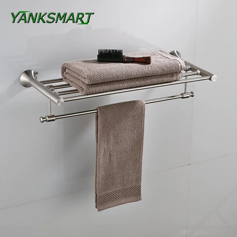 

YANKSMART Nickel Brushed Stainless Steel Wall Mount Bathroom Towel Rail Holder Storage Rack Shelf 2 Layers Hardware Accessories