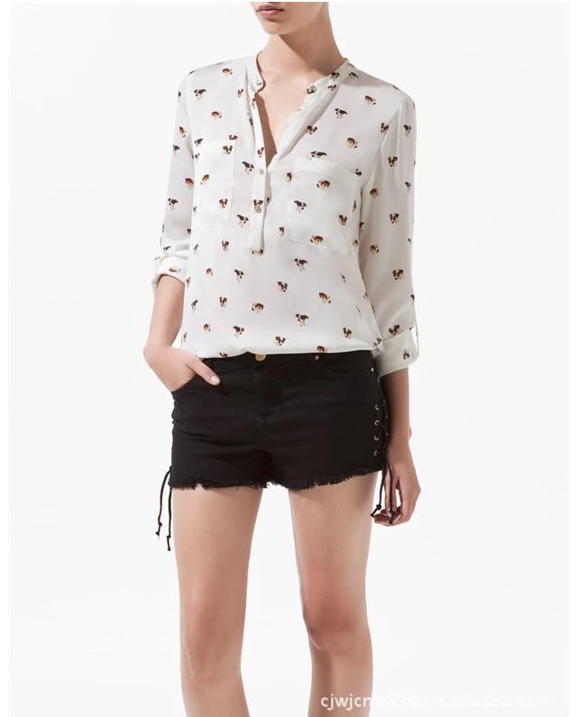 new arrived 2014 Animal pattern printed v-neck loose chiffon long sleeve shirts women white blouses free shipping size S M L |