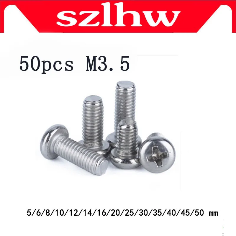 

High quality 50pcs M3.5 DIN7985 304 Stainless steel round pan head philips micro machine screw M3.5 * 5/6/8/10/12/14/16/-50 mm