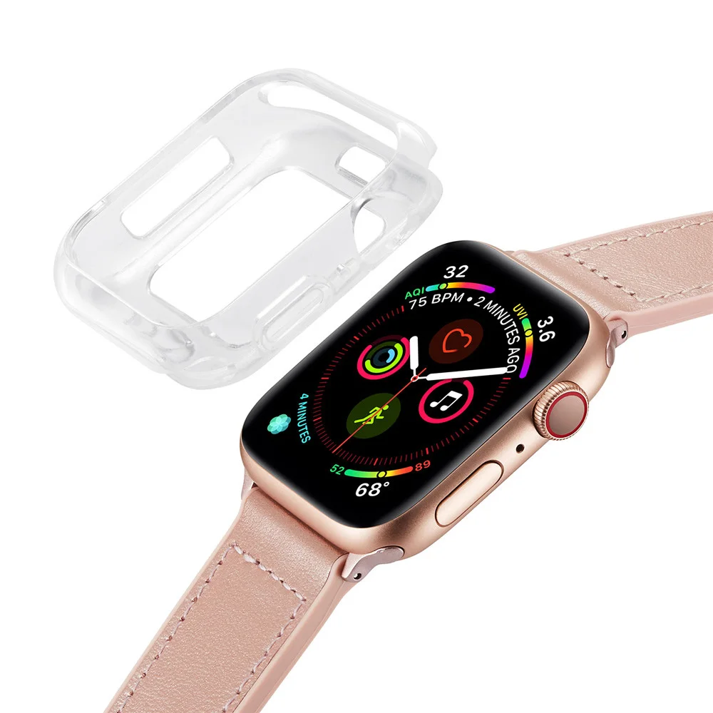 

Fashion Women Girls Pink Leather Strap for Apple Watch Band Series 5 4 Bracelet Accessories 40mm 44mm with Clear Protect Case