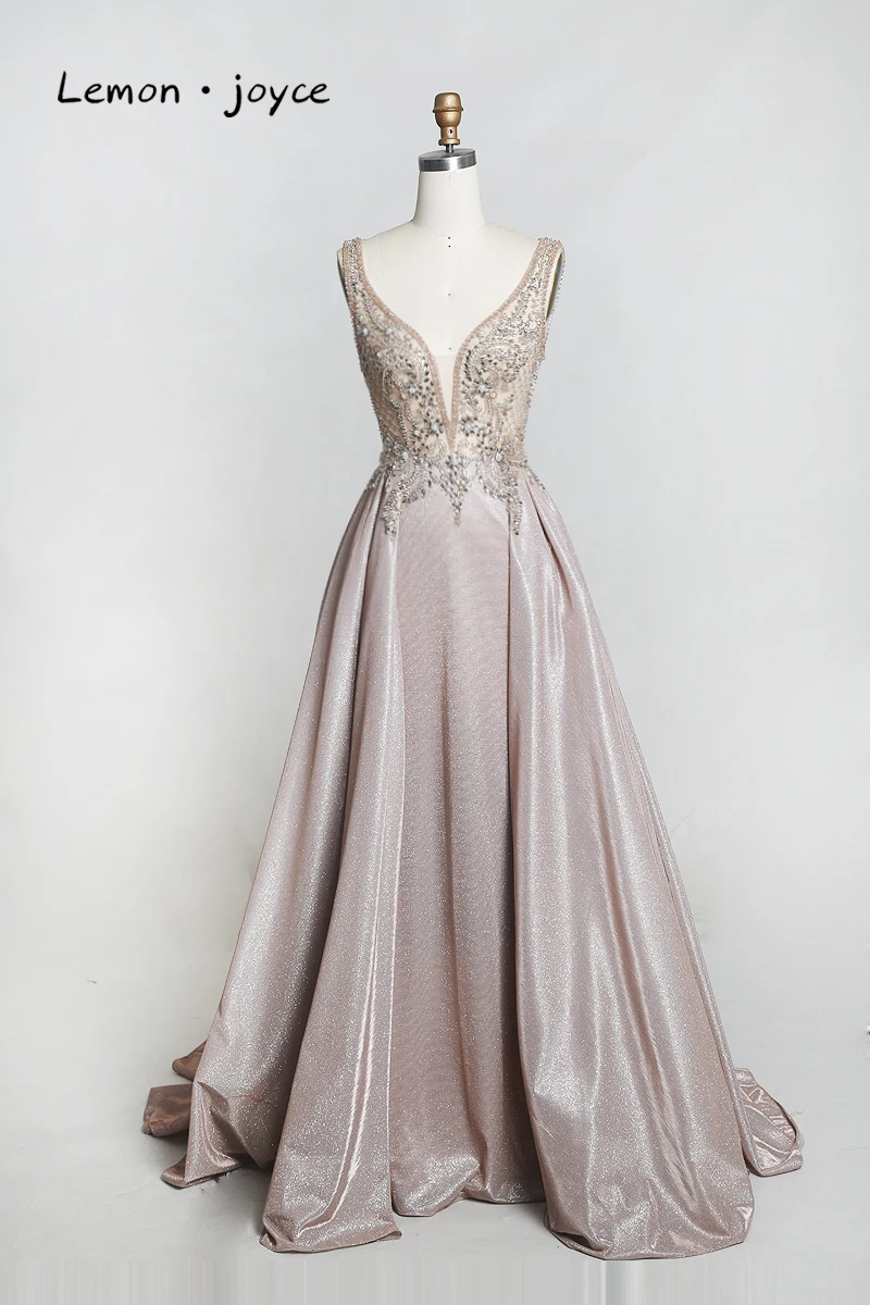 Lemon joyce Green Prom Dresses 2020 Sexy V-neck Beading Shiny Dubai Evening Gown vestidos de gala Plus Size