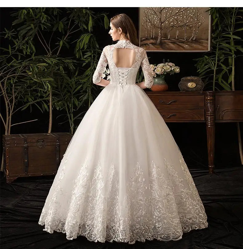 Chinese Style High Neck Half Sleeve 2022 New Wedding Dress Illusion Lace Applique Simple Custom Made Bridal Gown Robe De Mariee long sleeve wedding dresses