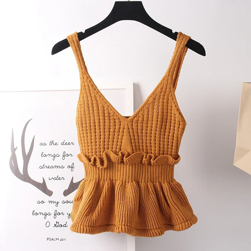 

2019 Sexy V Neck Top For Women Spring Summer Stretchable Ruffle Tank Top Girls Female Sleeveless Elegant Strap Streetwear Shirt