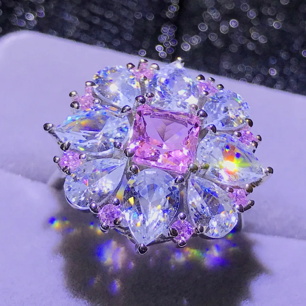 Роскошное женское большое кольцо с розовым камнем винтажное 925 Серебряное обручальное кольцо для женщин новогодняя мода обручальные ювелирные Кольца Подарочные