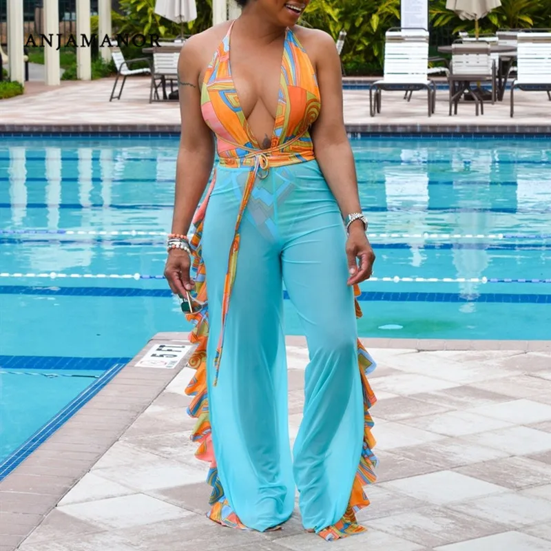 

ANJAMANOR Ruffles Patchworh Neon Mesh See Through Wide Leg Dress Pants Women Summer Trousers Beach Sexy Palazzo Pants D30-AC98