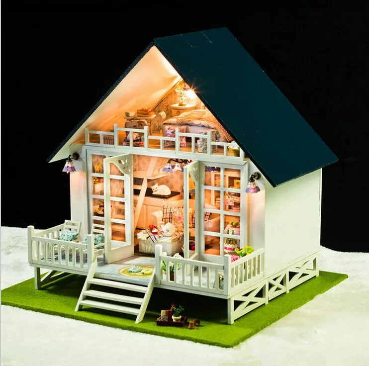 

The Nordic Vacation Home 3D Model Household Doll Wooden Dollhouse Miniatures LED Furniture Kit Light Music Gift FPP