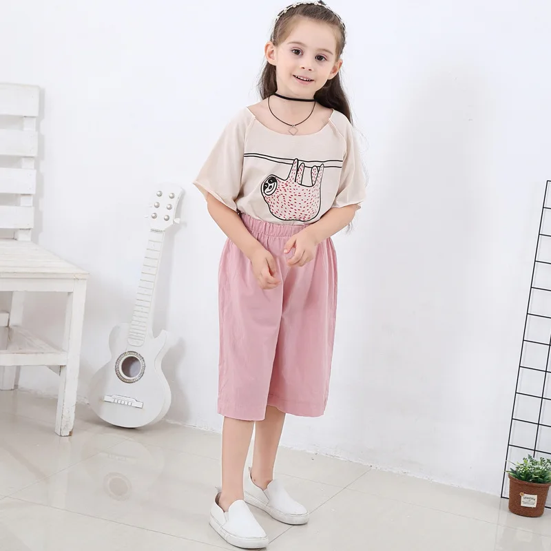 

MERI AMMI 2pcs Children Summer Clothing Outfit Outwear Cartoon Sloth+Loose Cozy Cut-off Pants For 2-10 Year Girl,J517