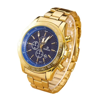 Новые мужские часы из нержавеющей стали, роскошные брендовые позолоченные аналоговые кварцевые мужские наручные часы с тремя глазами - Цвет: Синий
