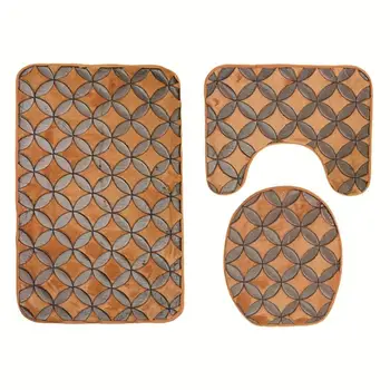 

Three Pieces Bathroom Pedestal Mat Non-Slip Bath Mat Toilet Rug Closestool Lid Cover Set (Camel)