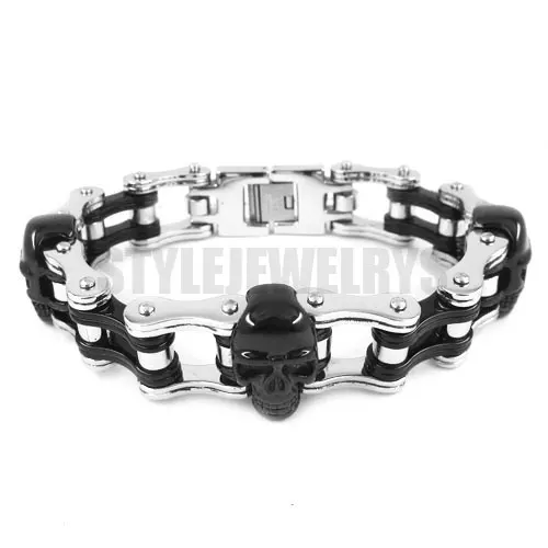 FreeshippingHeavyBlackSilverColorSkullBicycleChainBracelet
