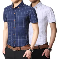 Модная брендовая одежда Для мужчин s футболка с коротким рукавом Новые летние плед Slim Fit рубашка 100% хлопок Повседневное Для мужчин белая