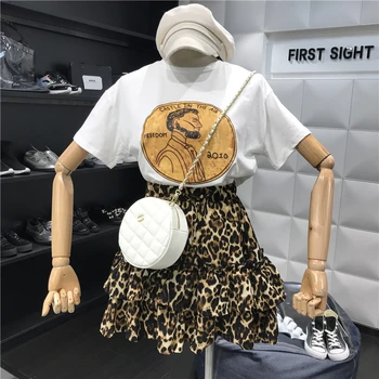 

New Summer Fashion Women's Sets Personality Printing Short Sleeve T-shirts + Ruffles High Waist Chiffon Skirts Students Suits