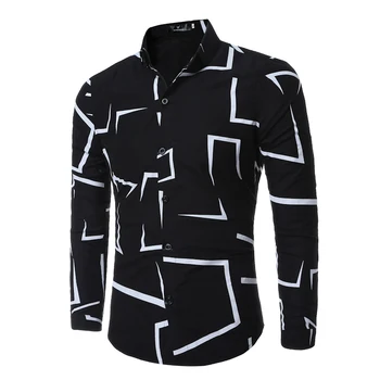 

2019 Brand Fashion Casual Slim Geometric Print Long Sleeve Shirt Men Business Social White Top Clothes Dress Blouse Cotton